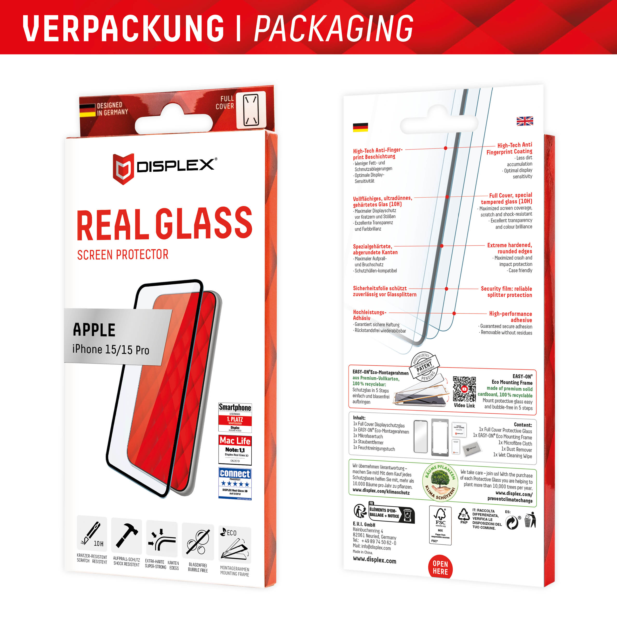 Verpackung von DISPLEX Echtglas Displayschutz für iPhone 15/15 Pro, zeigt Vorder- und Rückseite mit Produktinformationen.